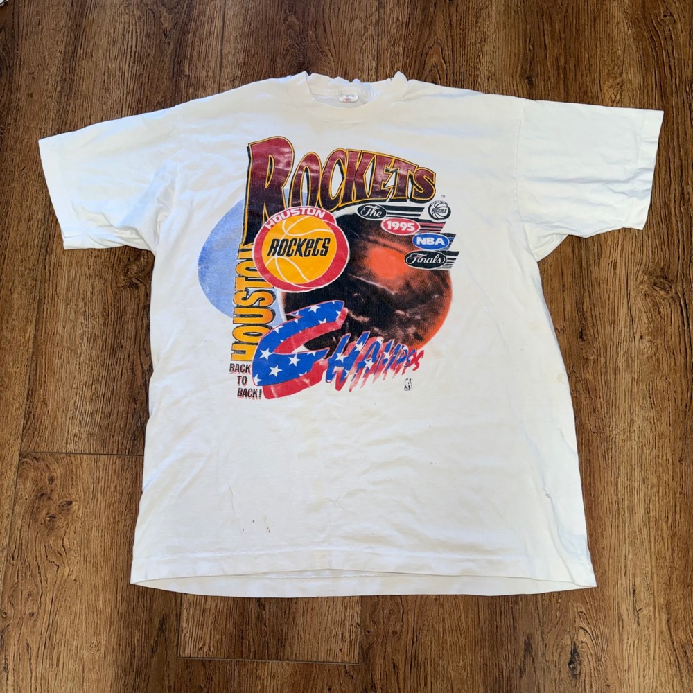 Vintage 1995 Houston Rockets NBA Champions T-Shirt White XL single stitch USA